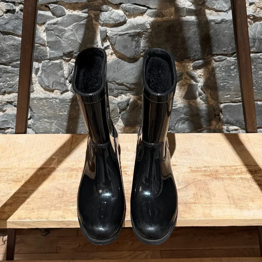 Prada Black Enamel Triangle Mid-Calf Rain Boots - Picture 3 of 14